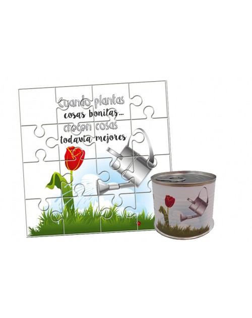 Puzzle con la frase "Cuando plantas cosas bonitas…crecen todavía cosas mejores" en lata