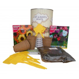 Kit de huerto urbano infantil con semilleros, tierra turba, Petunia, Girasol y marcaje de semilleros