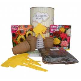 Kit de huerto infantil con semilleros, tierra turba, semillas Girasol, semillas Clavel Gigante y marcaje de semilleros