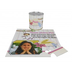 Recordatorio Comunion niña columpio en puzzle con texto y foto en lata personalizada