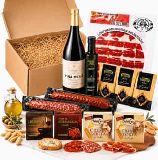 Cesta gourmet Acrol con jamón, vino y quesos artesanos