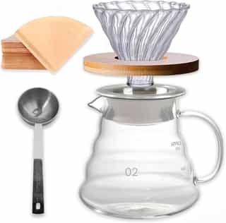 Cafetera V60 de vidrio con filtros y cuchara medidora