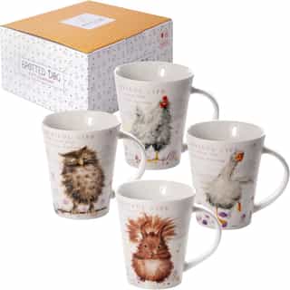 Set de 4 tazas de café con búho, ardilla, ganso y gallina