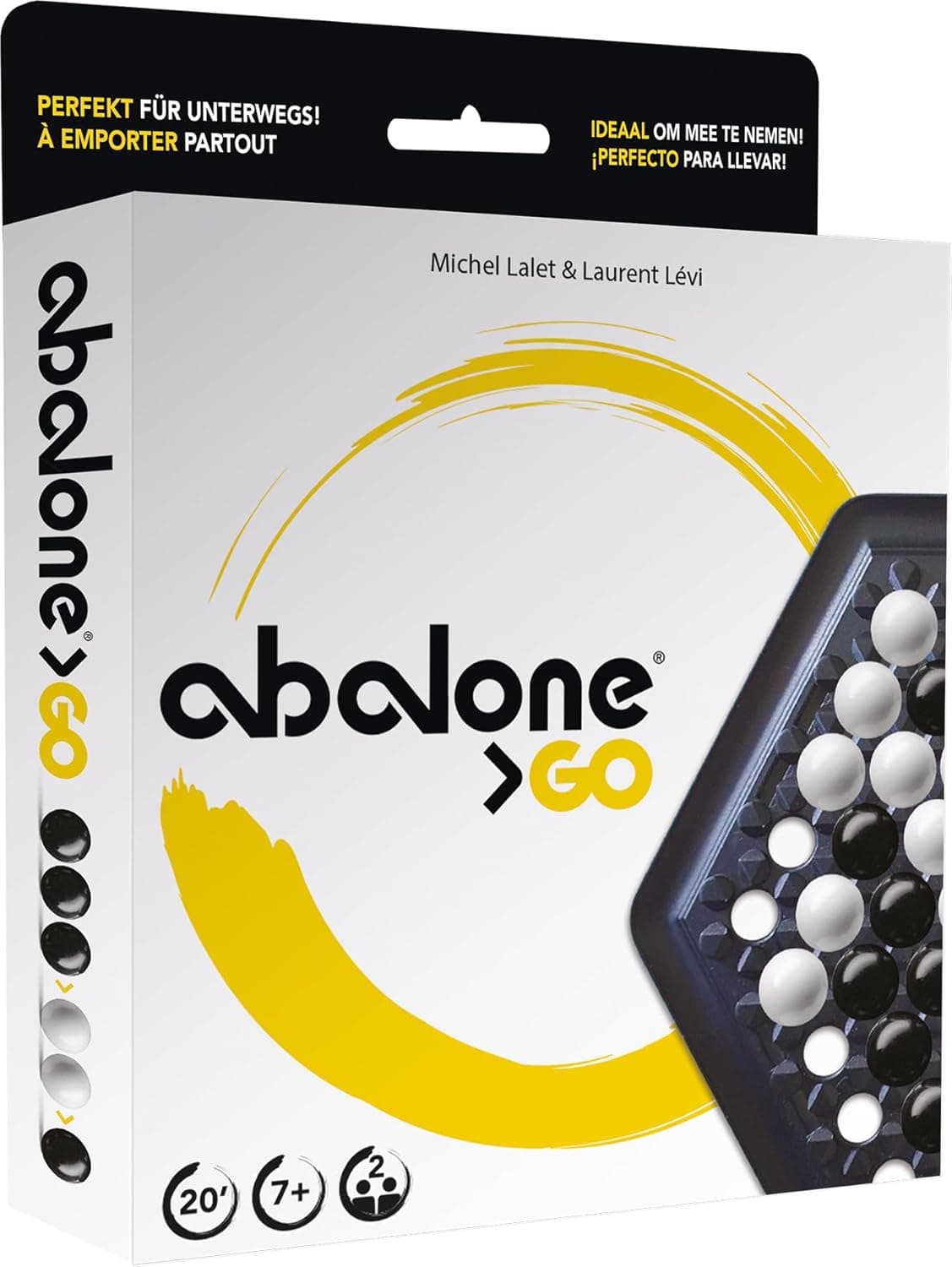 Caja compacta de Abalone GO de Asmodee con el tablero hexagonal de viaje y las canicas blancas y negras