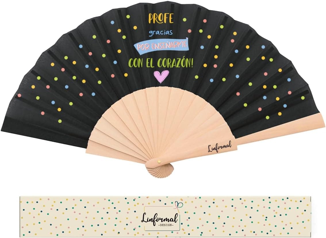 Abanico de madera y tela personalizado para profesora, abierto mostrando el diseño