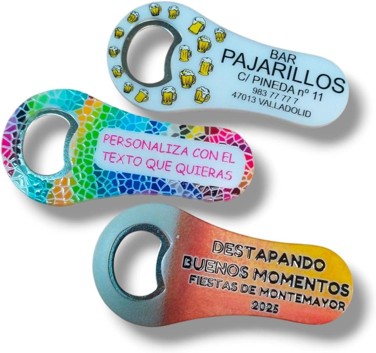 Abrebotellas imán personalizado con acabado de relieve y brillo