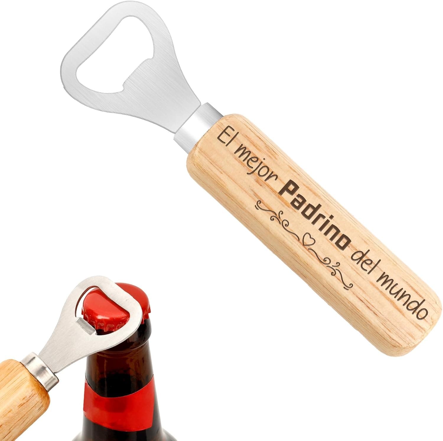 Abridor de botellas metálico dedicado al padrino, sobre fondo blanco