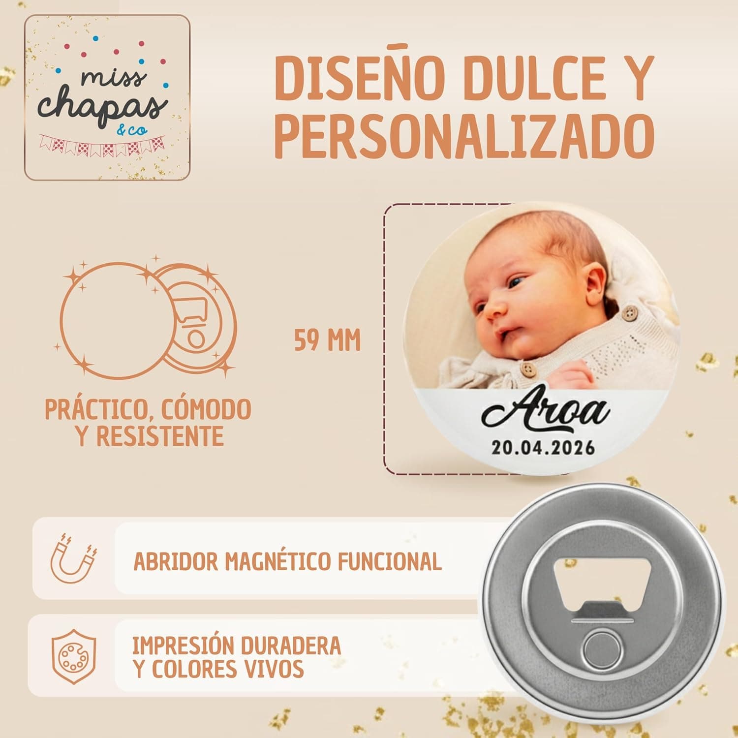 Miss Chapas Pack de 20 Abridores Magnéticos Personalizados para Bautizo, foto 3