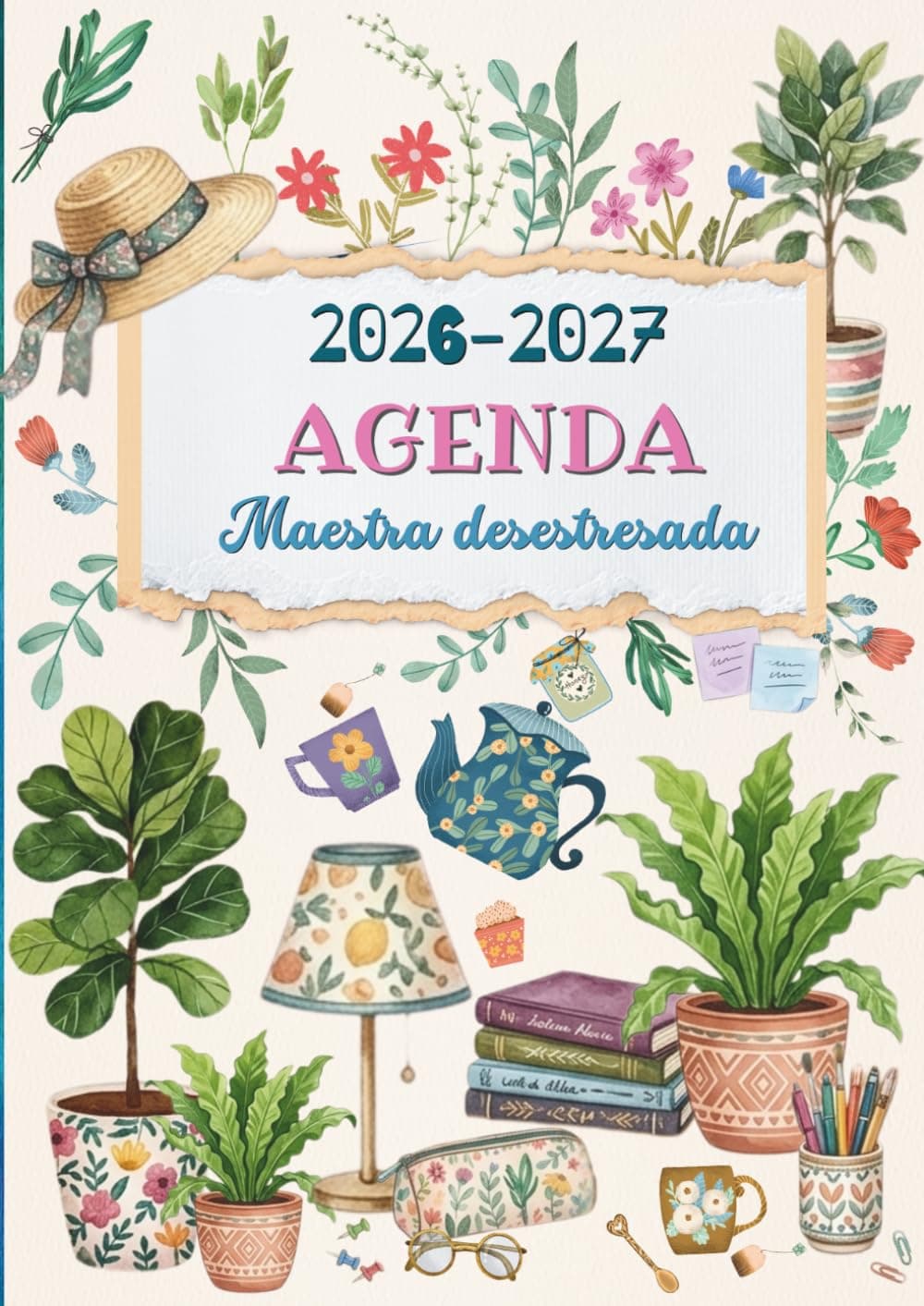 Portada de la agenda «Maestra desestresada» 2026-2027, con ilustraciones de material escolar