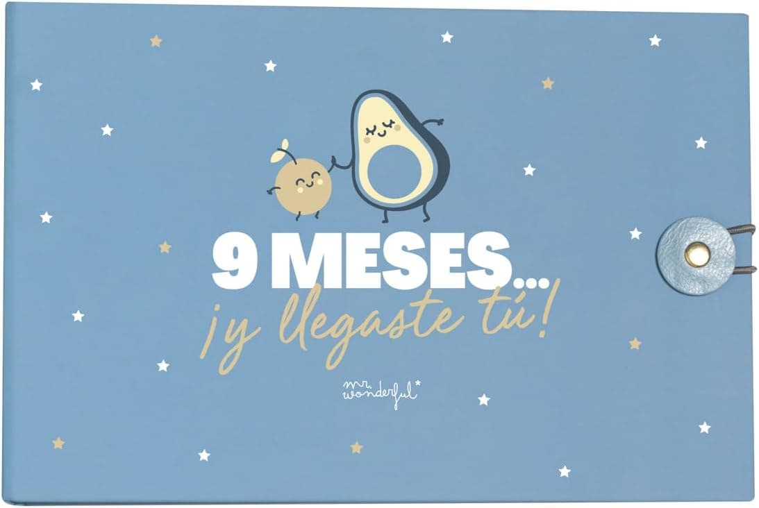Álbum de fotos de embarazo Mr. Wonderful, con el título «9 meses... y llegaste tú» en la portada azul