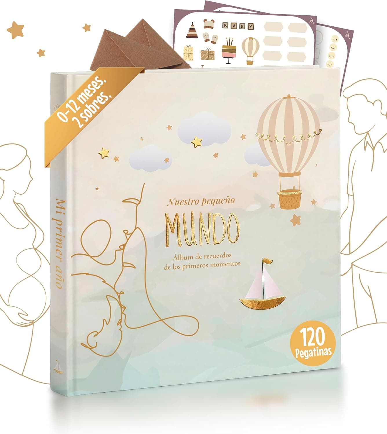Álbum de fotos para el primer año del bebé, con las pegatinas y sobres incluidos