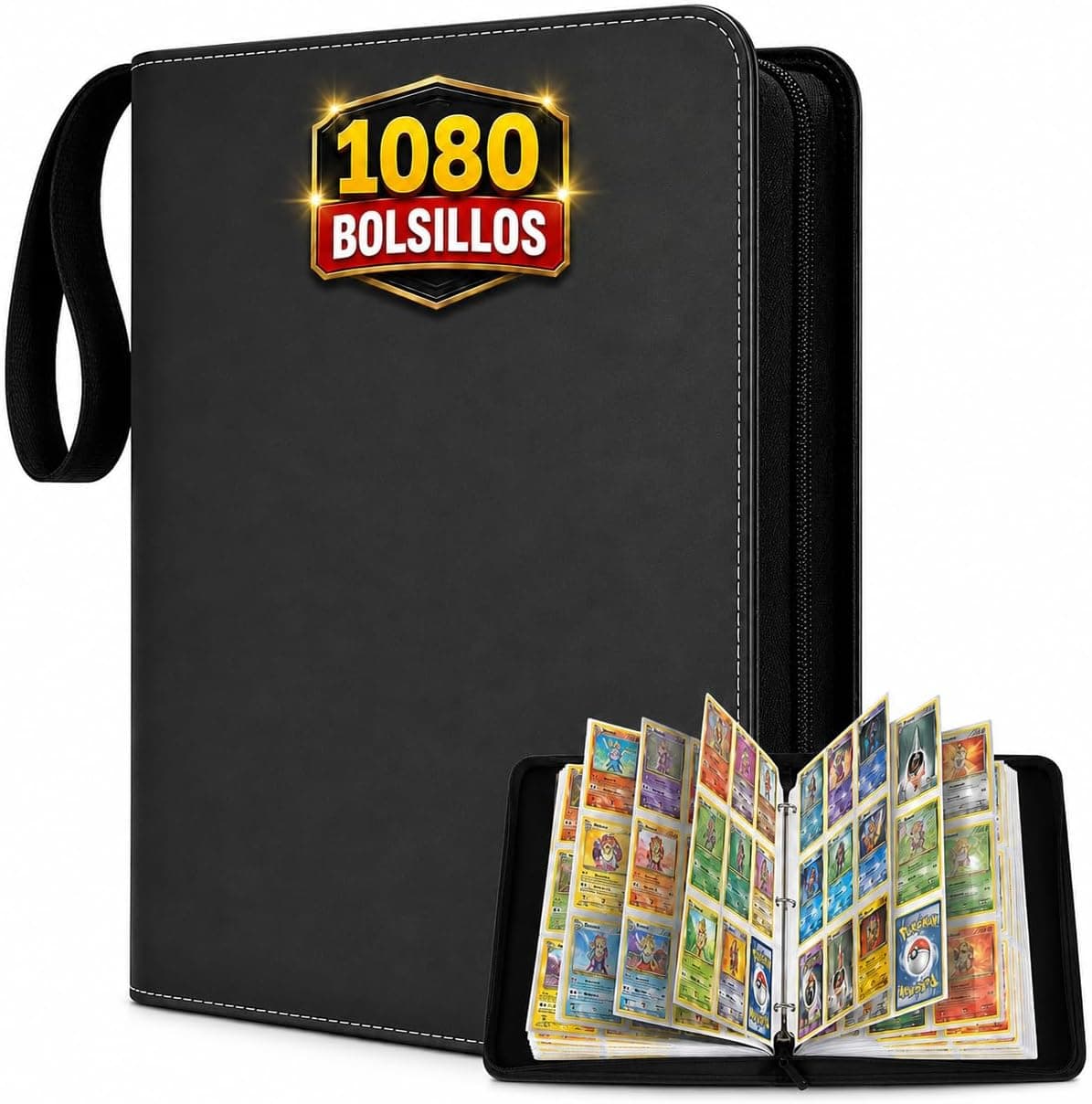 El álbum grande de cartas coleccionables abierto mostrando varias páginas con fundas transparentes