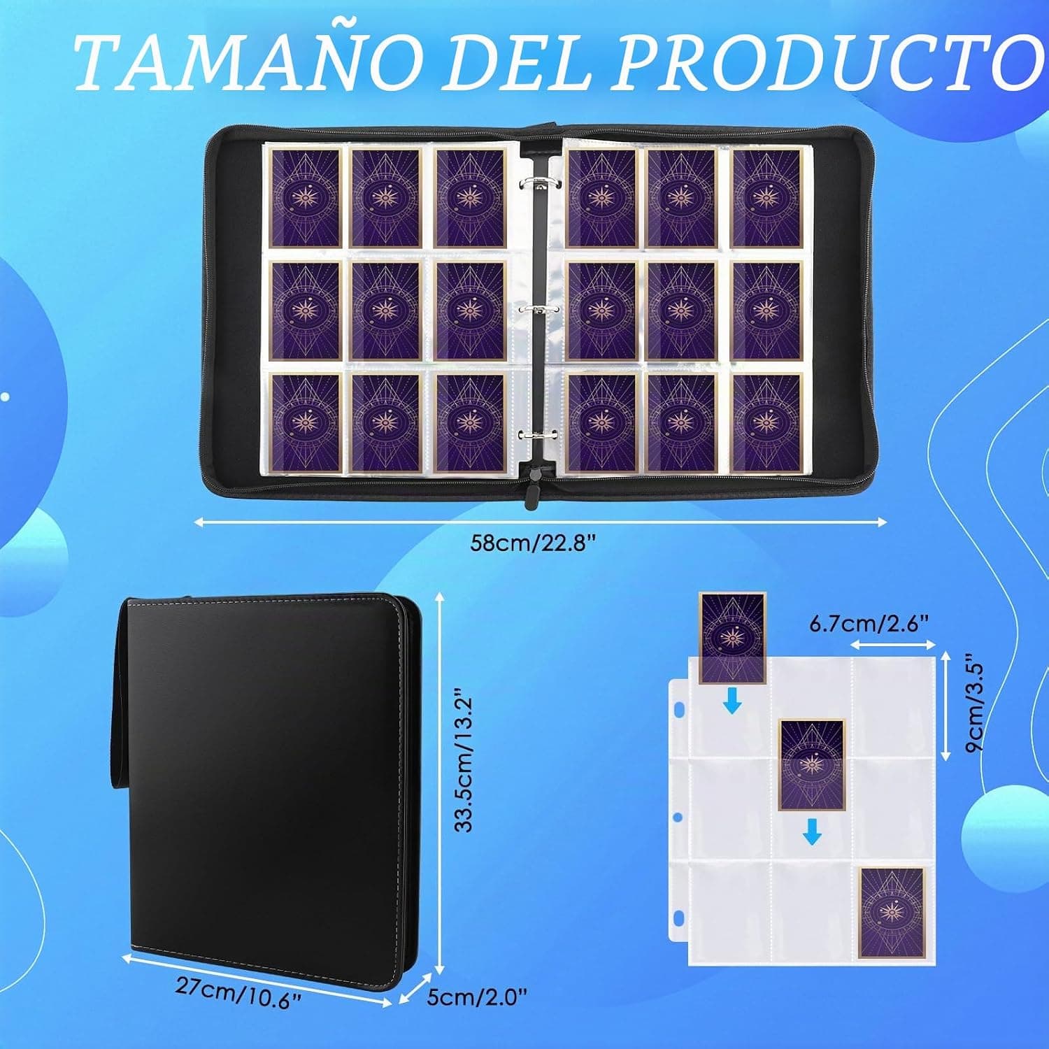 Páginas del álbum abiertas mostrando las fundas transparentes con cartas Pokémon dentro