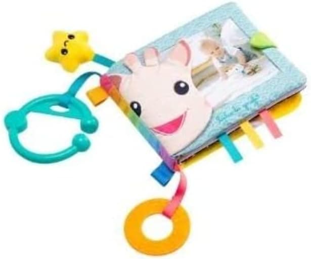 Álbum de fotos 2 en 1 de Sophie la girafe con el sonajero y el anillo de dentición sujetos al lateral