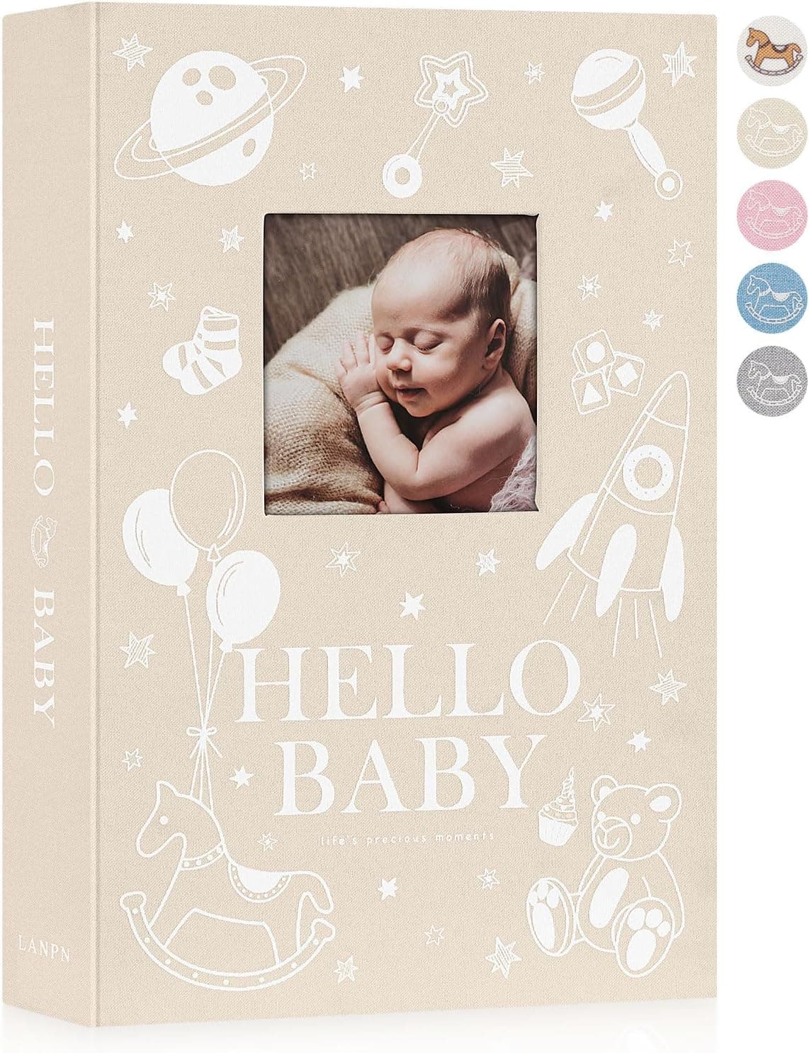 Álbum de fotos de bebé de lino beige de Lanpn, con la portada de ventana para elegir la foto de la cubierta