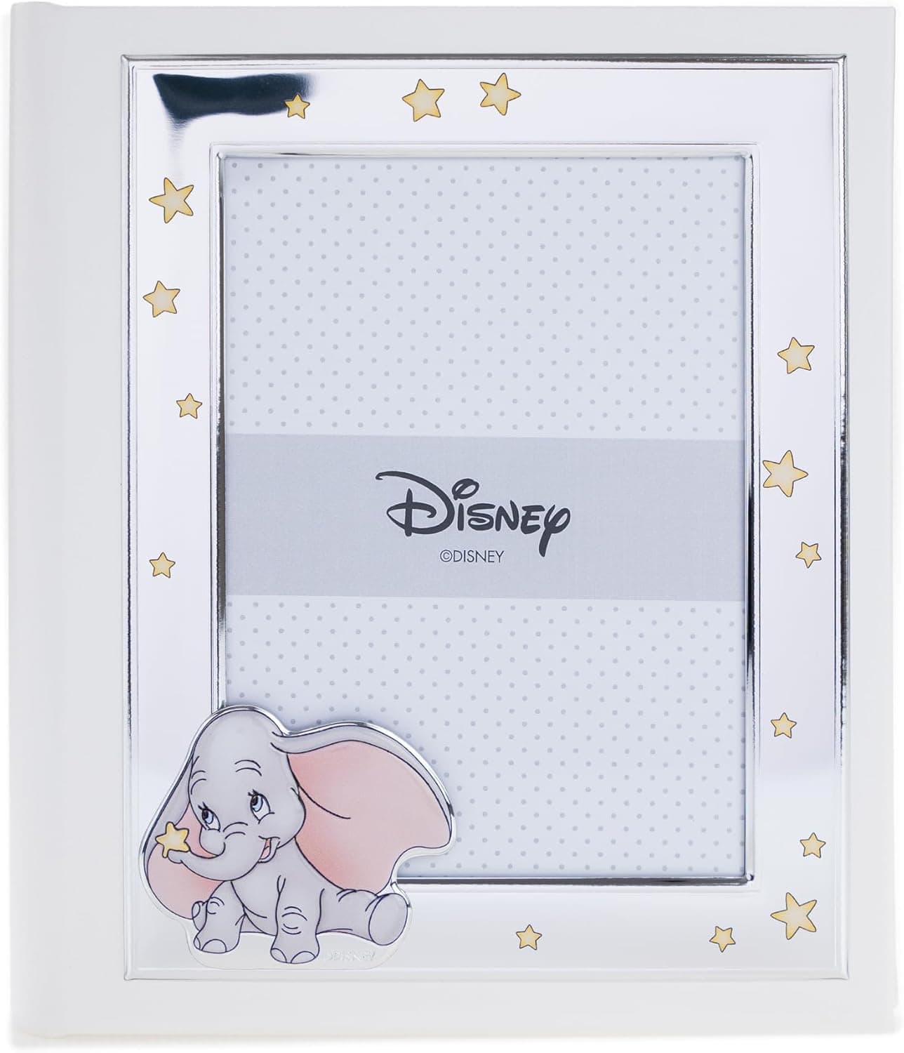 Álbum de fotos Disney Baby Dumbo con marco de plata en la portada, dentro de su caja original