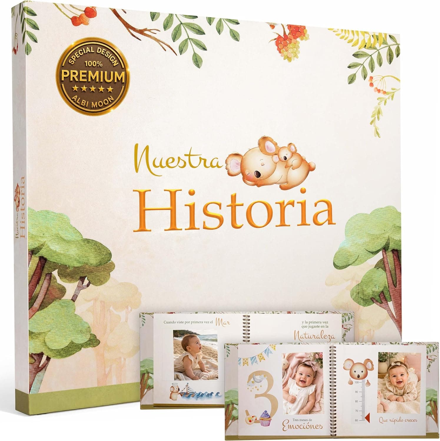 Álbum de recuerdos del bebé «Nuestra Historia», de Albi Moon, con ilustraciones de koalas