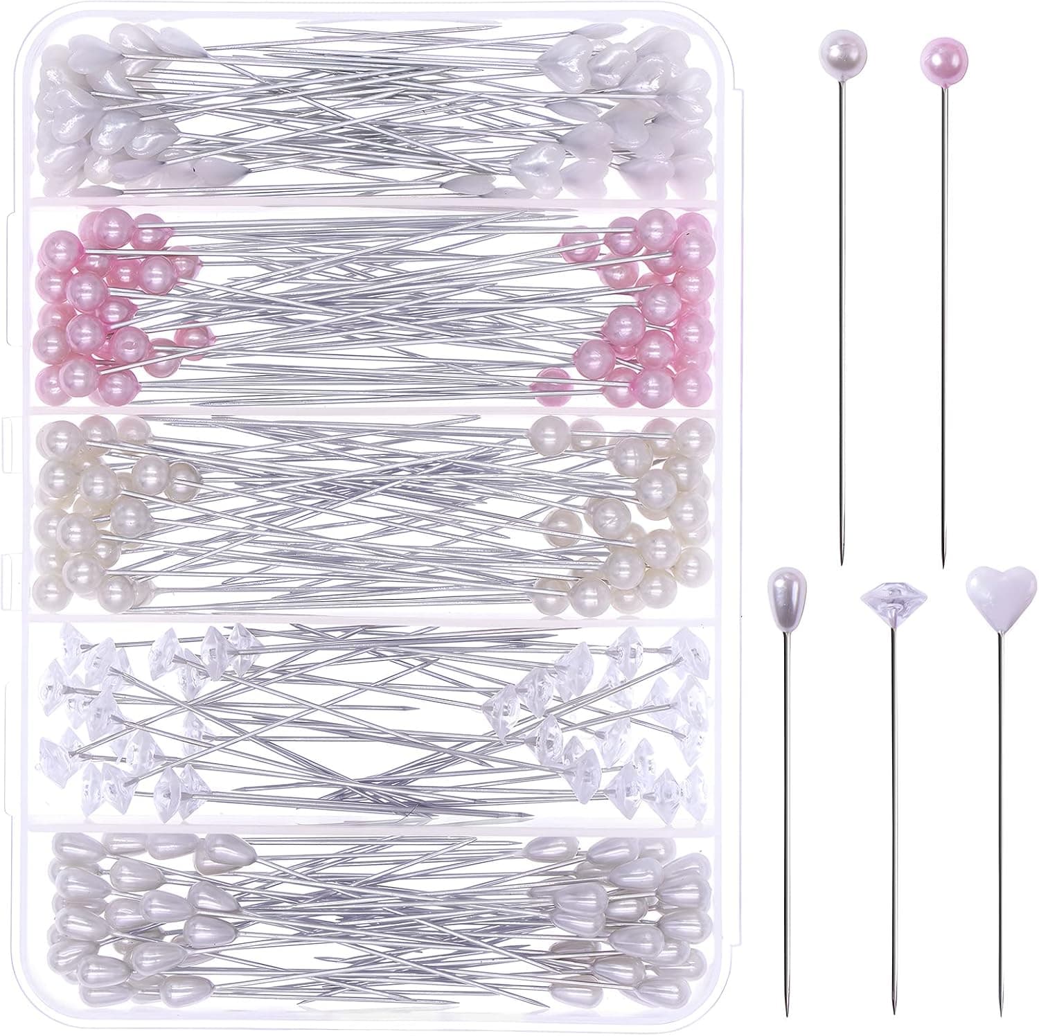 Caja transparente con 240 alfileres de costura de distintos colores y cabezas