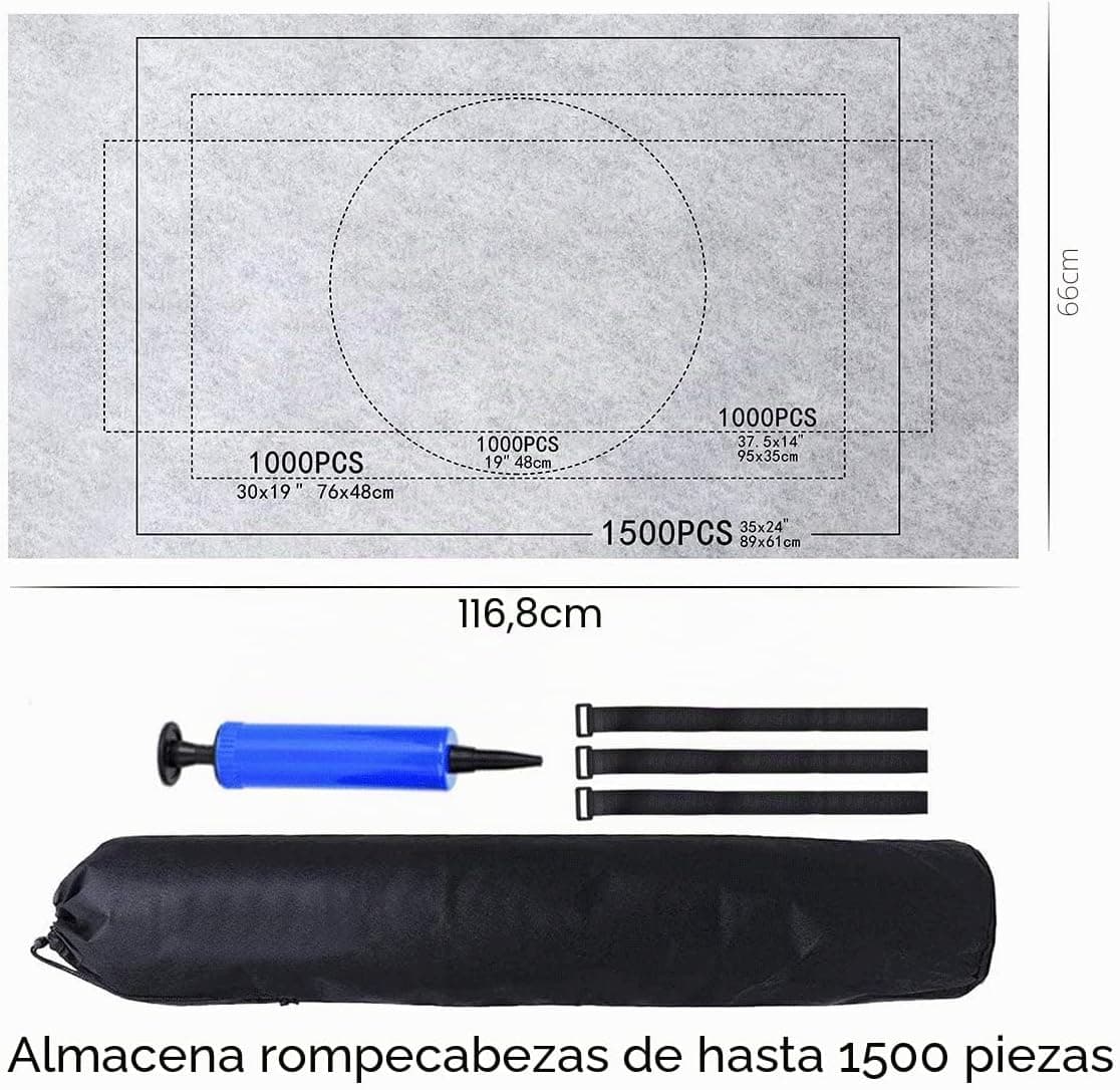 Esquema con las medidas del tapete y los accesorios: bomba, tubo hinchable, tres gomas y bolsa