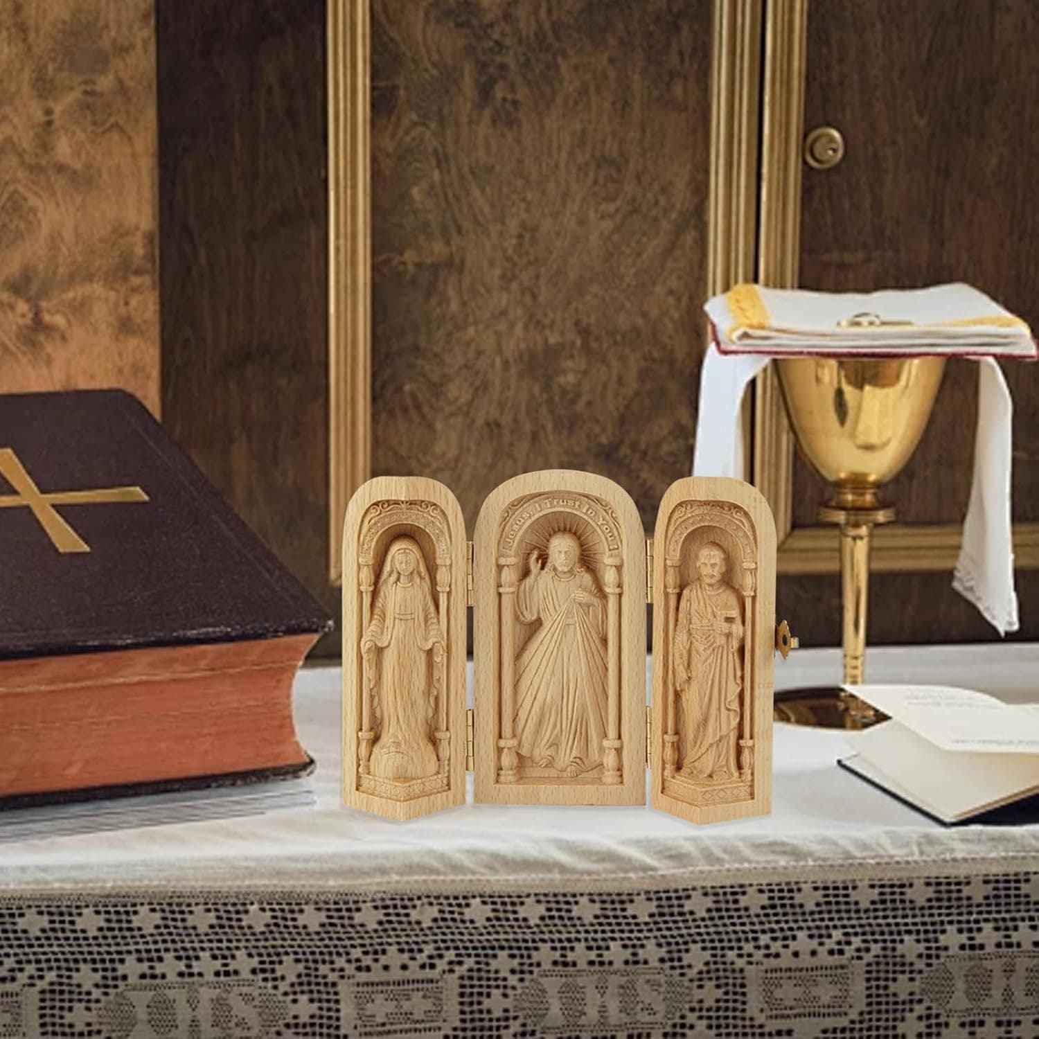 Altar de viaje portátil tríptico de madera, foto 3