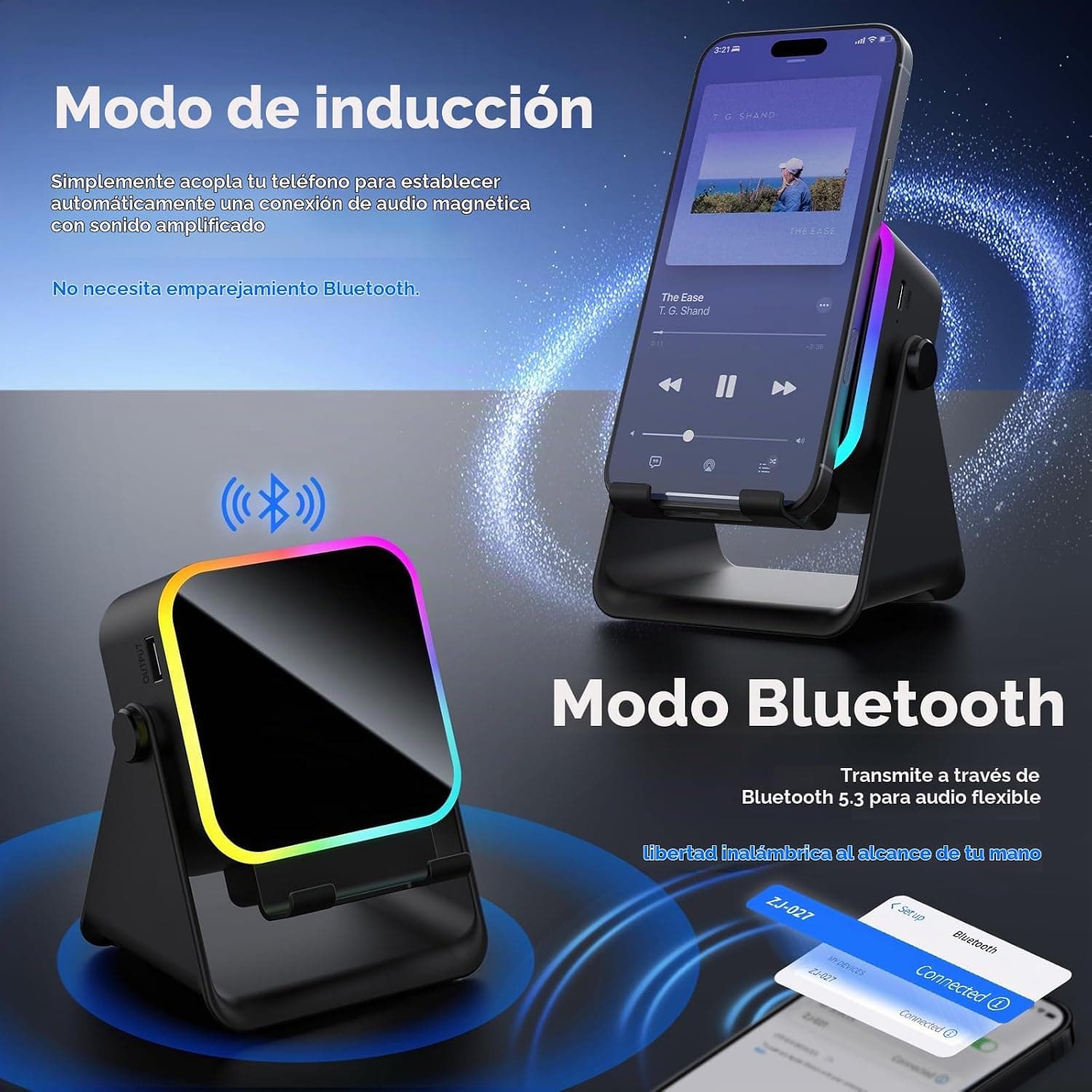 Detalle del teléfono apoyado sobre el altavoz