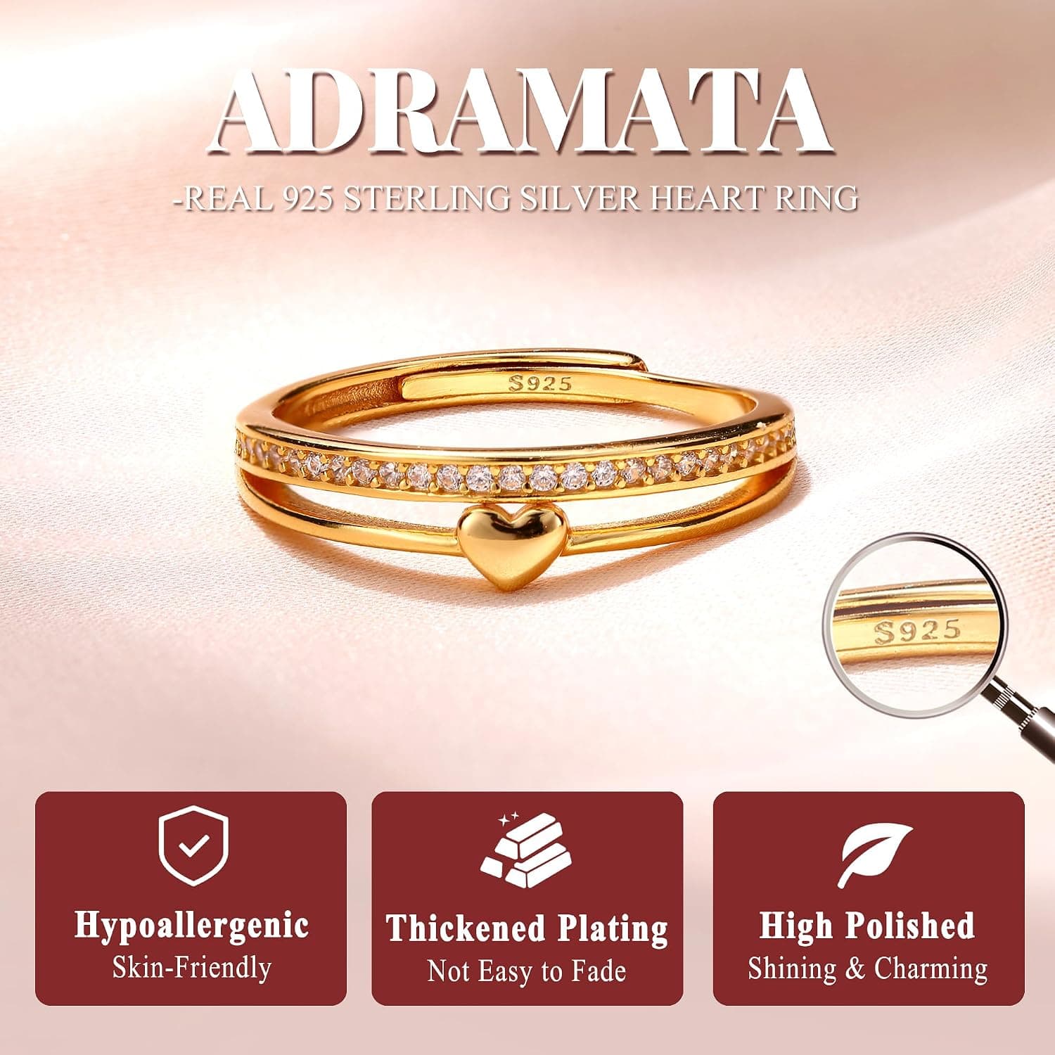 Anillo de compromiso corazón halo Adramata chapado en oro, foto 2