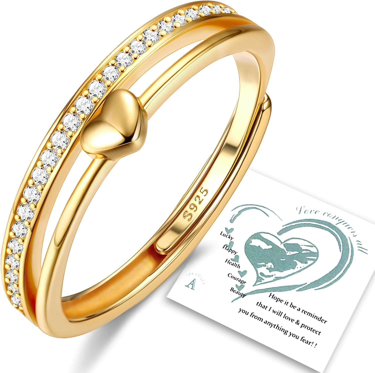 Anillo halo con piedra central en forma de corazón sobre plata chapada en oro