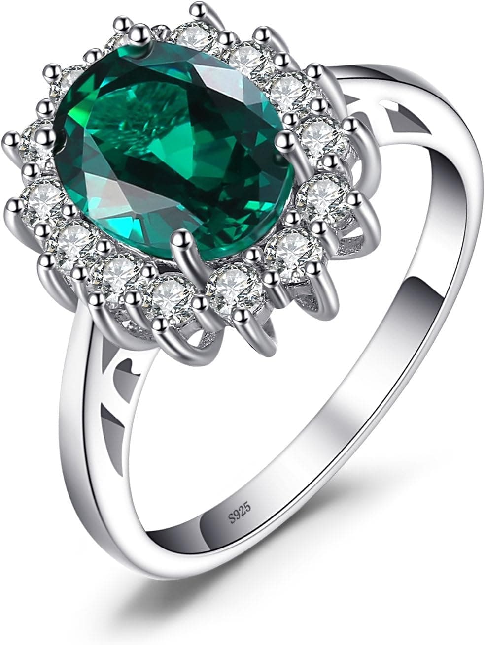 Anillo halo con piedra central verde ovalada rodeada de pequeñas piedras sobre plata