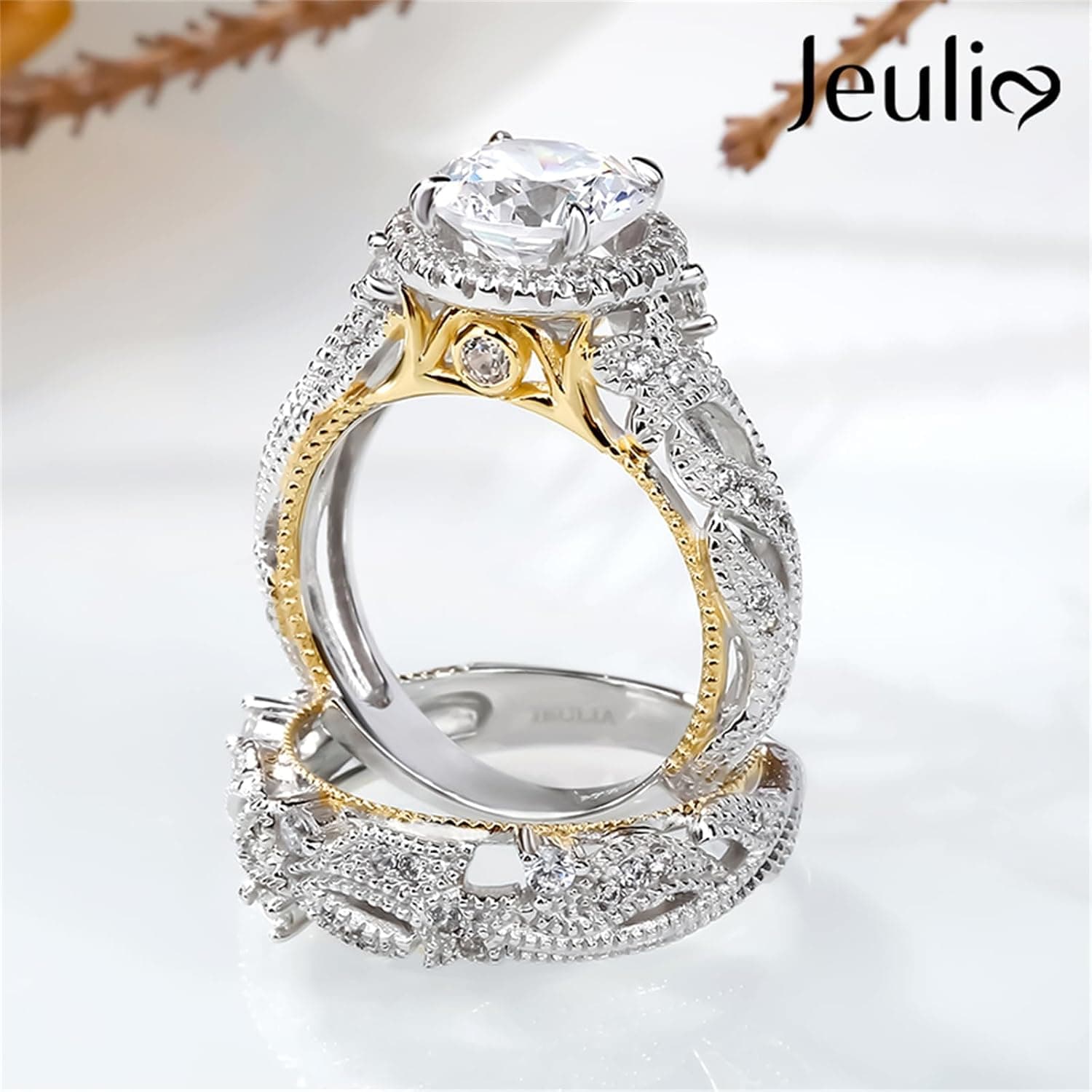 Anillo de compromiso halo Jeulia en plata con baño de oro rosa, foto 3