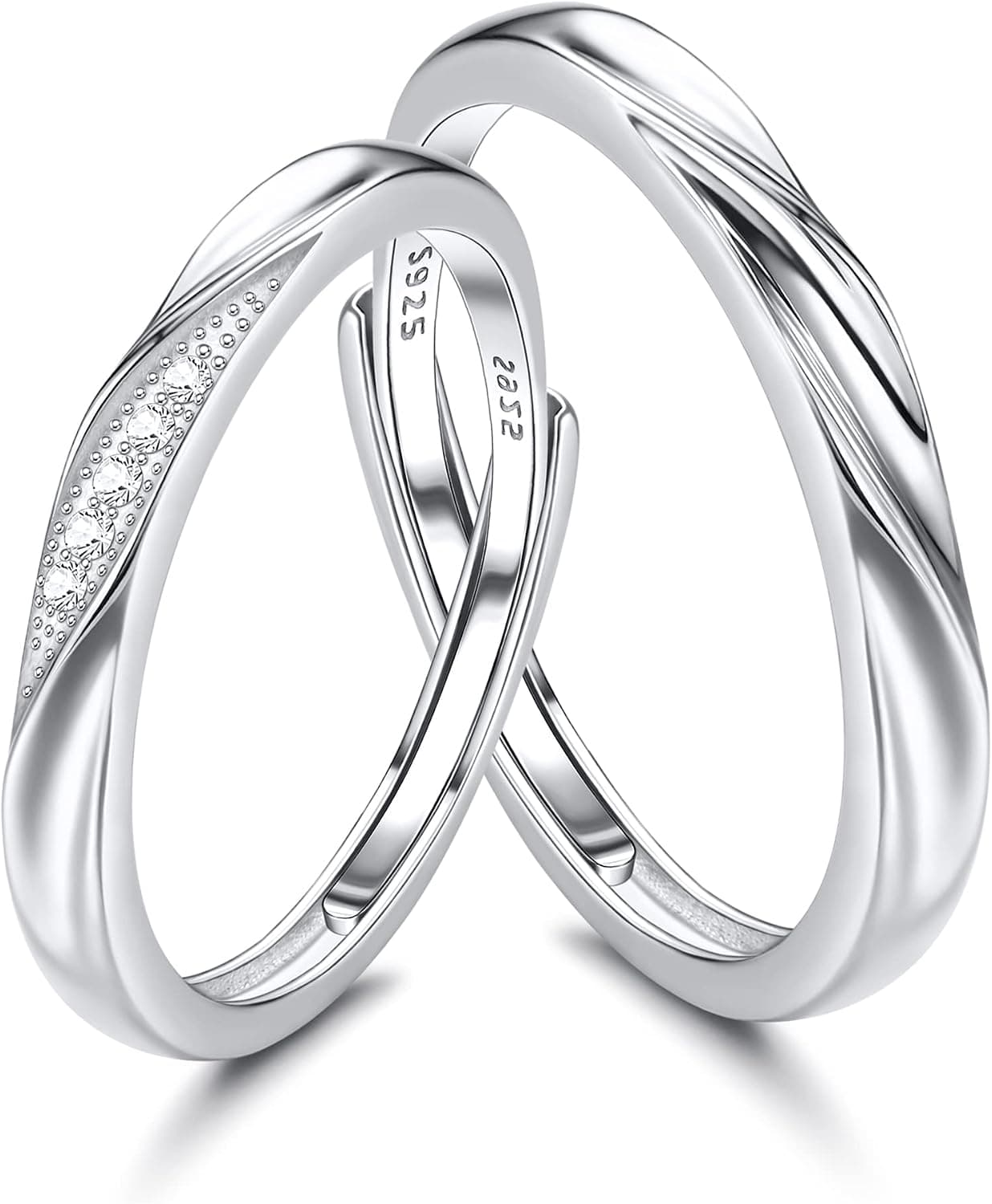 Dos anillos ajustables de plata con circonita redonda, uno para él y otro para ella