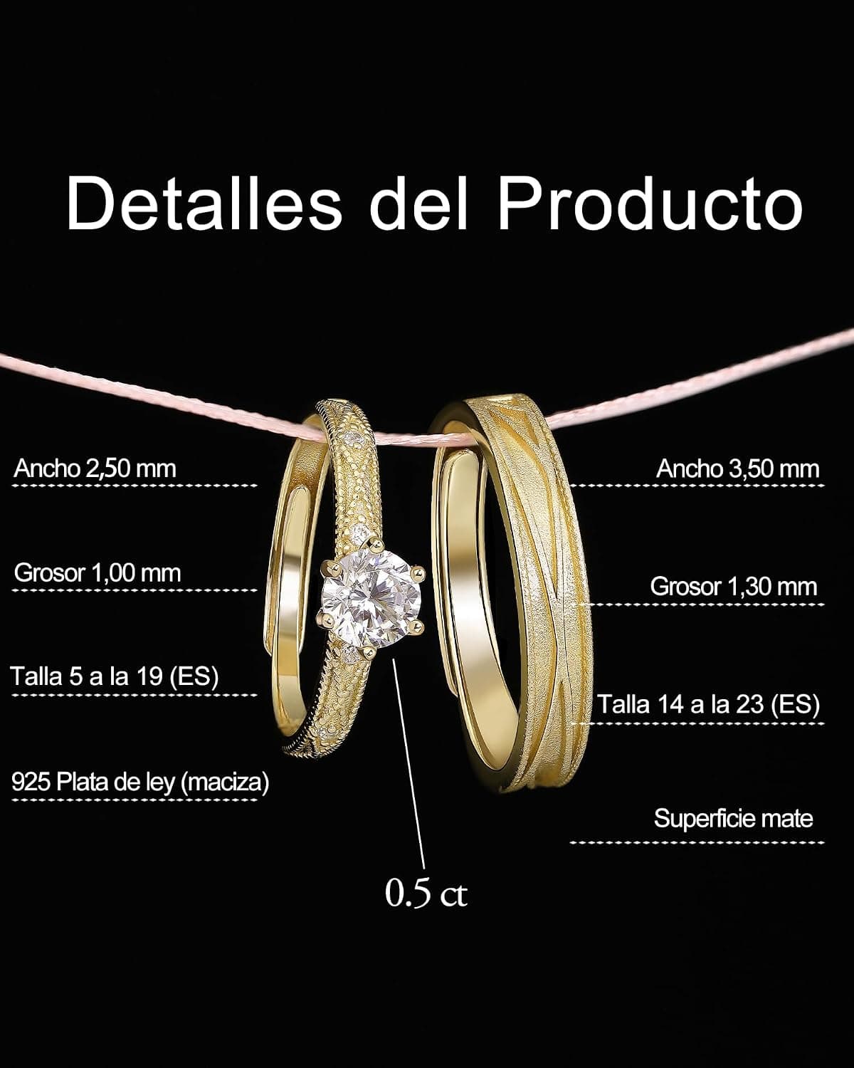 Pareja de anillos de compromiso Meissa hechos a mano, foto 2