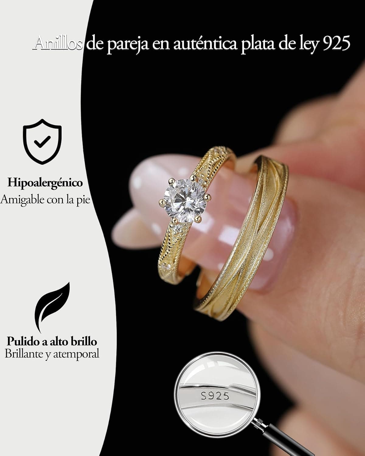 Pareja de anillos de compromiso Meissa hechos a mano, foto 3