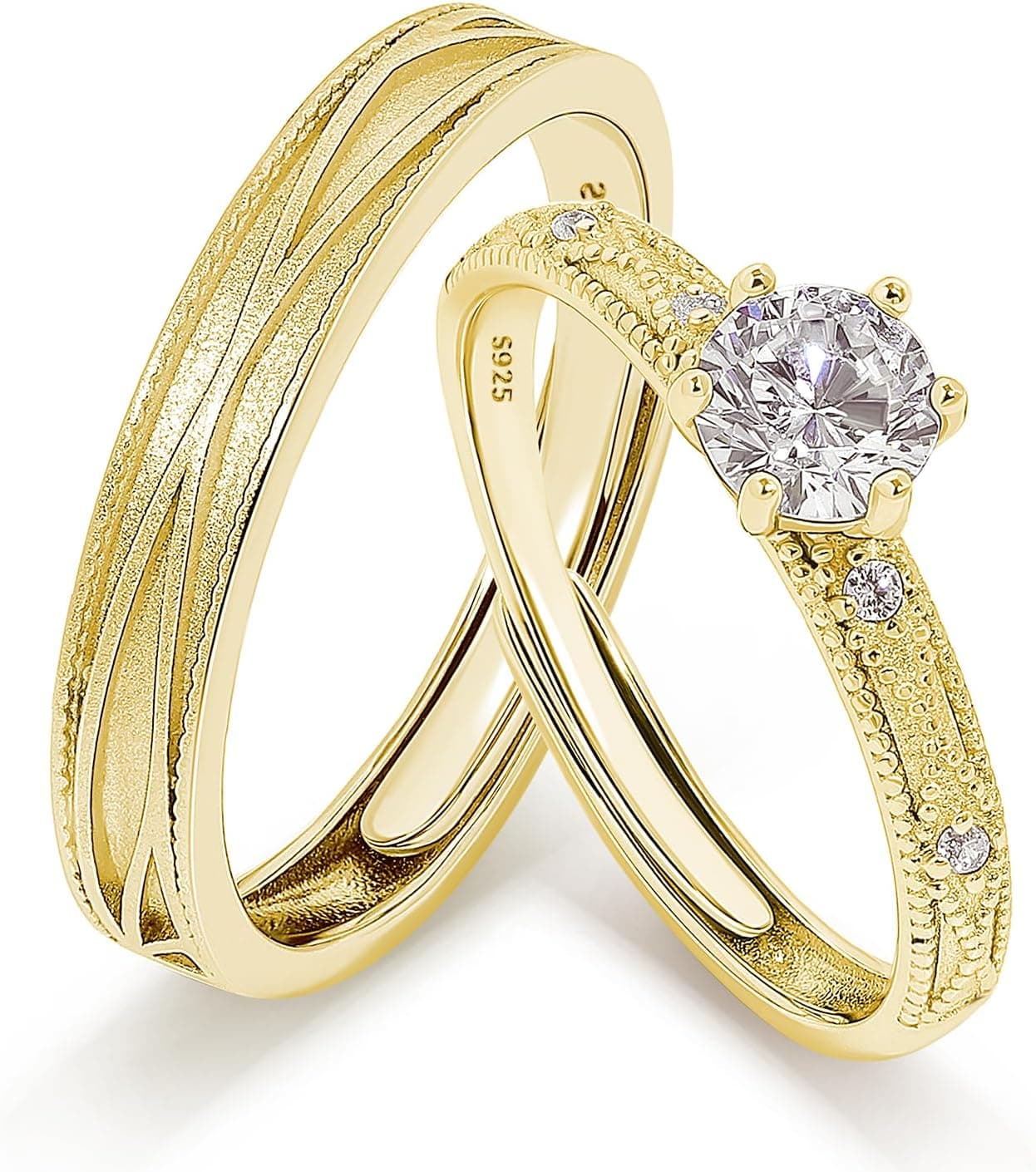Dos anillos solitario de plata hechos a mano, ajustables, en juego de pareja
