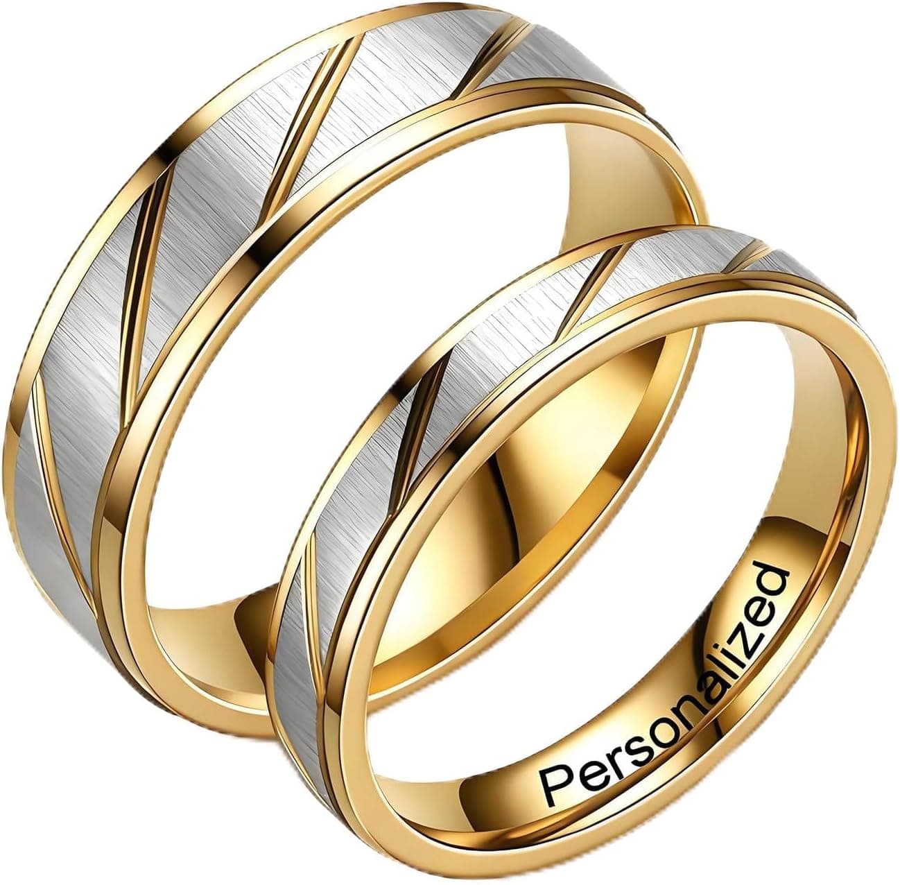 Dos anillos de acero inoxidable con patrón de rayas bicolor, listos para grabar por dentro
