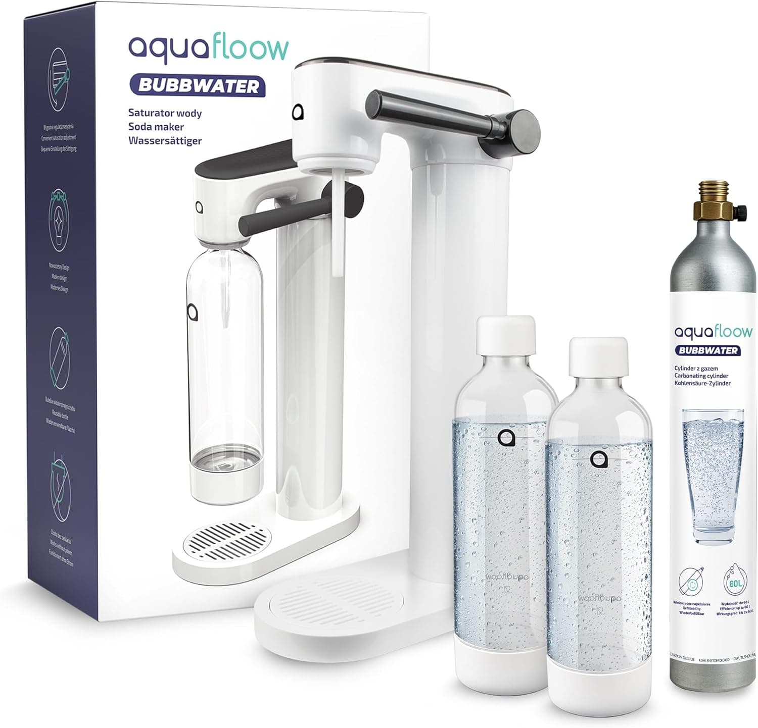 Gasificador de agua blanco con caja y dos botellas reutilizables junto a él
