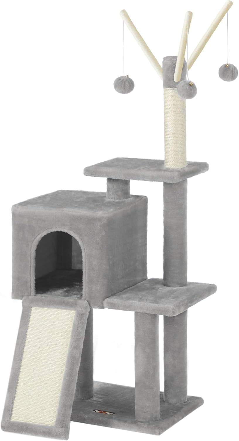 Árbol de gatos gris claro con cueva y varios niveles de juego