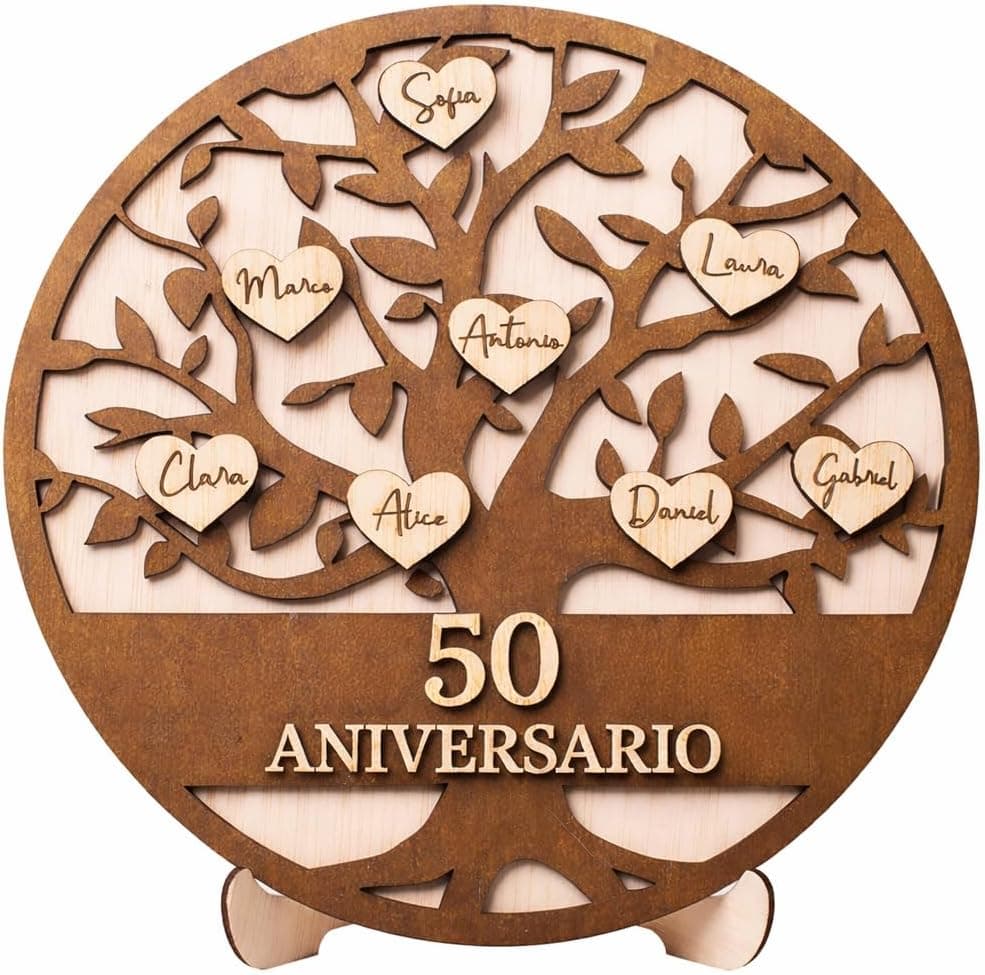Figura de árbol decorativo con la base grabada con nombres y fecha