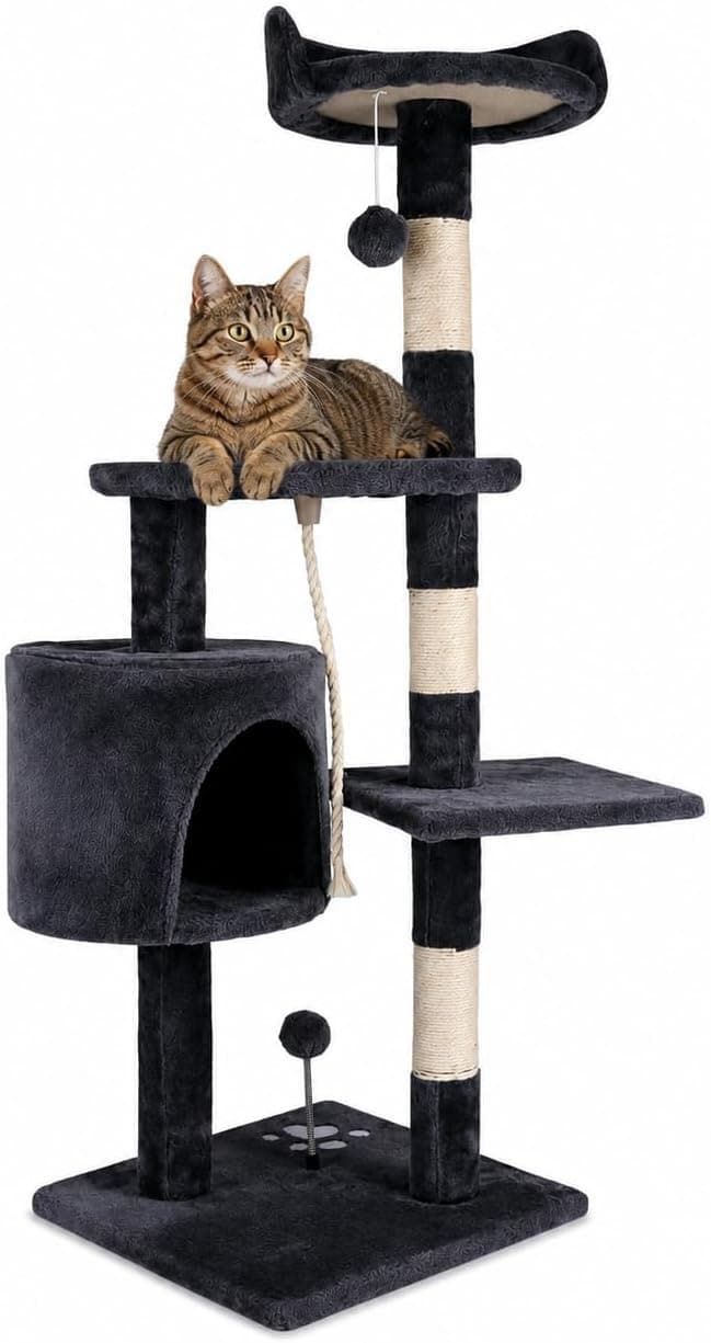 Árbol rascador para gatos con refugio, torre y plataformas de cuerda de sisal