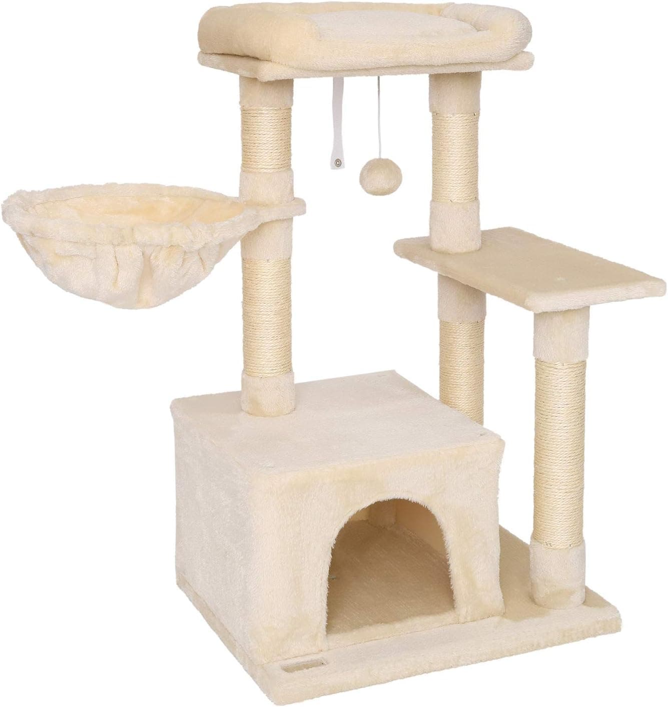 Árbol rascador beige de 85 cm con cueva y cesta colgante
