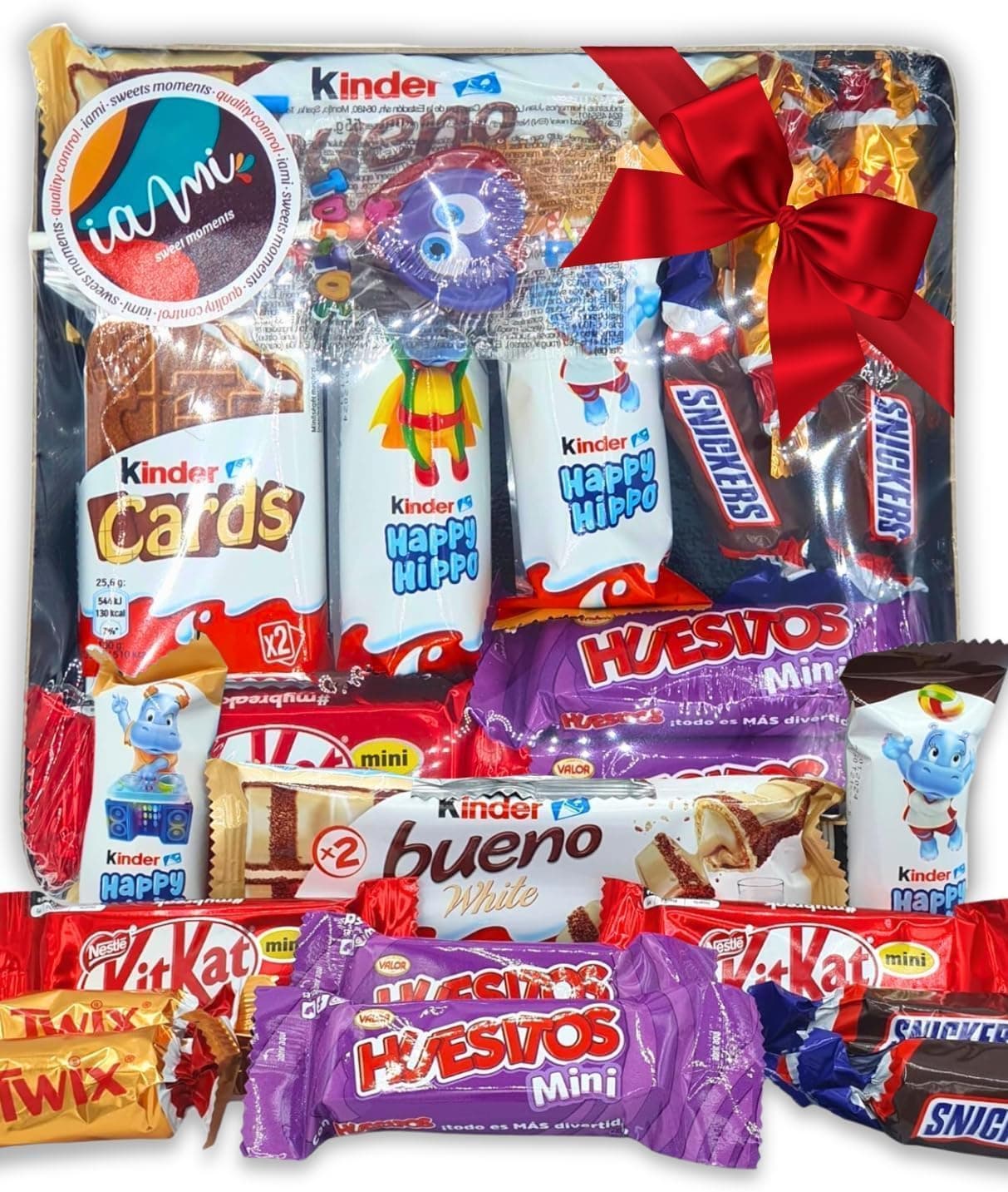 La bandeja cuadrada con las trece chocolatinas mini surtidas colocadas y visibles