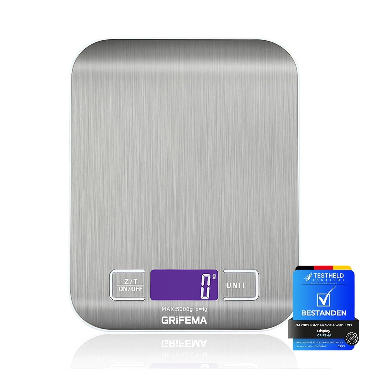 Báscula de cocina gris con pantalla LCD azul retroiluminada