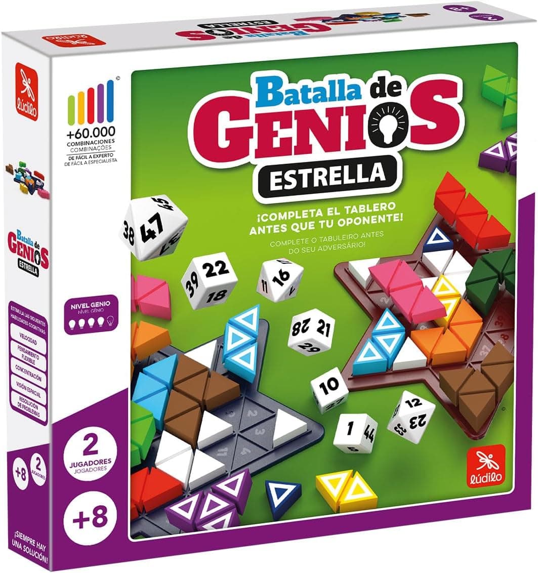 Caja de Batalla de Genios Estrella con las piezas de madera y el tablero en forma de estrella