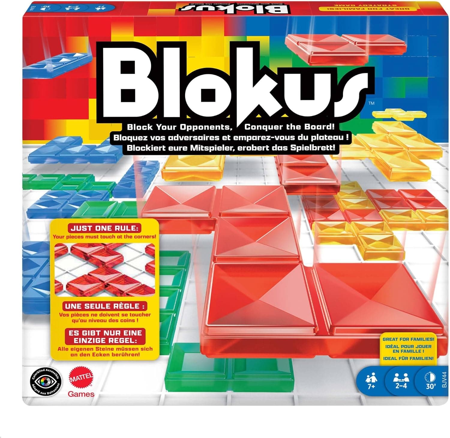 Caja de Blokus con el tablero cuadriculado y las piezas de colores