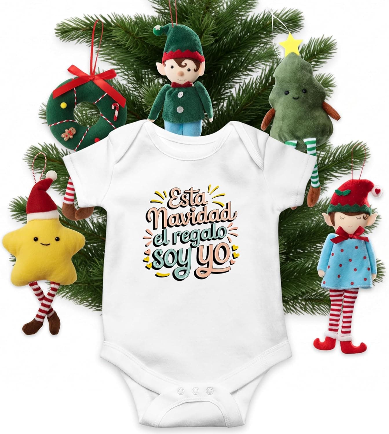 Body de bebé con el mensaje «El Regalo Soy Yo» junto al adorno navideño a juego