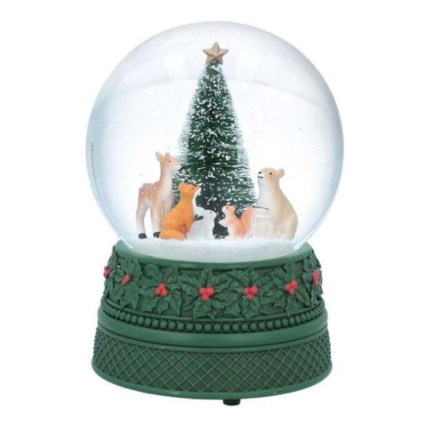 Bola de nieve musical grande con animales del bosque y un árbol de Navidad con estrella dorada