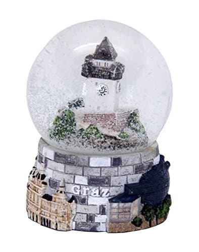 Bola de nieve de recuerdo de Graz, Austria, con la torre del reloj y la plaza del casco antiguo