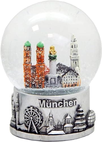 Bola de nieve de recuerdo de Múnich con el Ayuntamiento, la Columna Mariana y la Iglesia de las Mujeres
