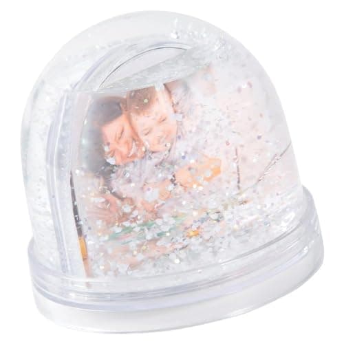 Bola de nieve transparente con foto a dos caras y copos blancos irisados