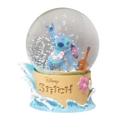 Bola de nieve con Stitch sobre una tabla de surf, dentro de una esfera de cristal con base de resina azul