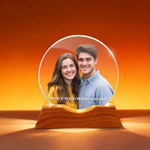 Bola de cristal personalizada con foto, sobre base de madera